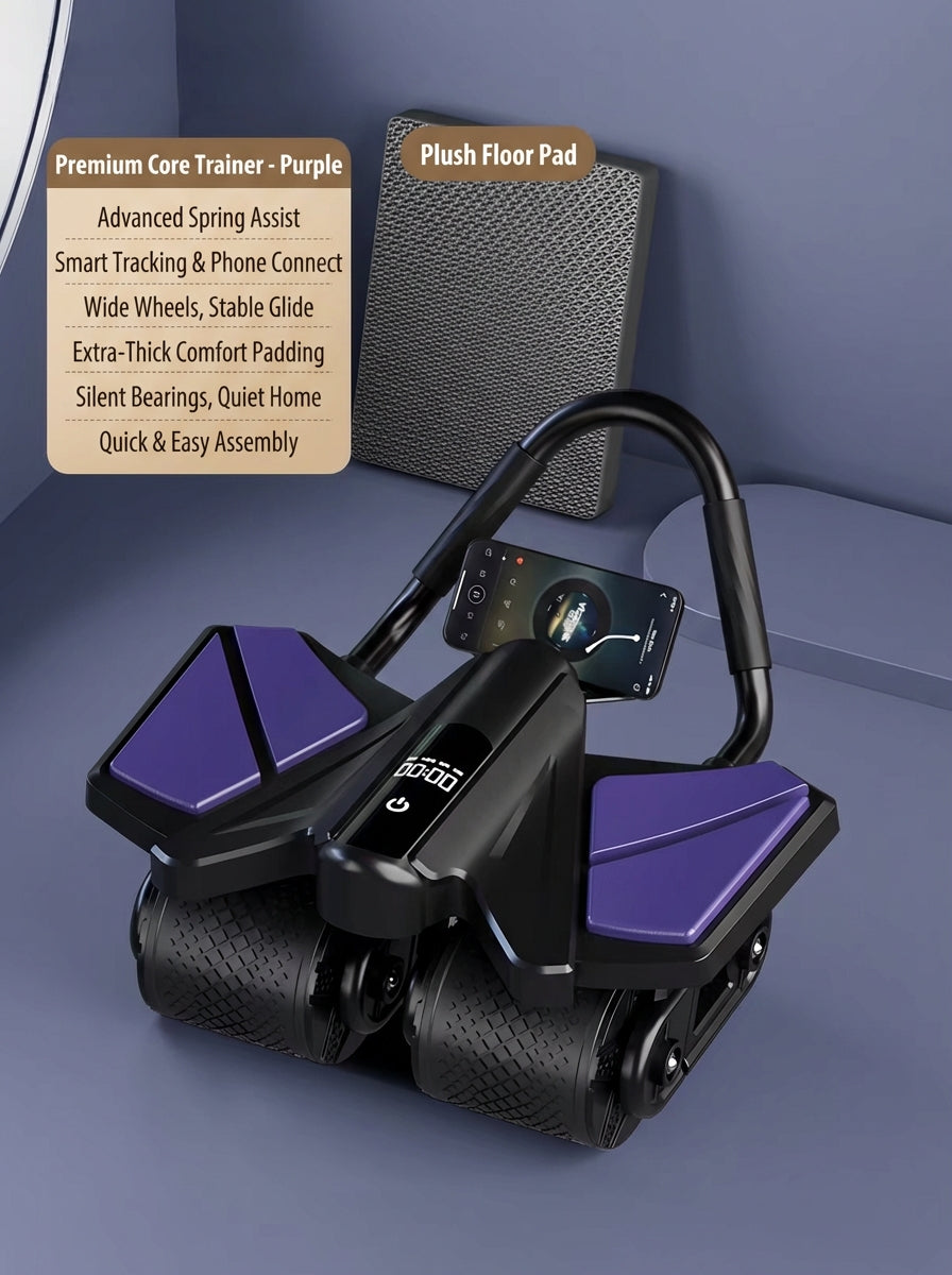 voervo™ 2025 Smart Auto-Rebound Ab Roller – Quad-Wheel Core Trainer with Elbow Support & App Control