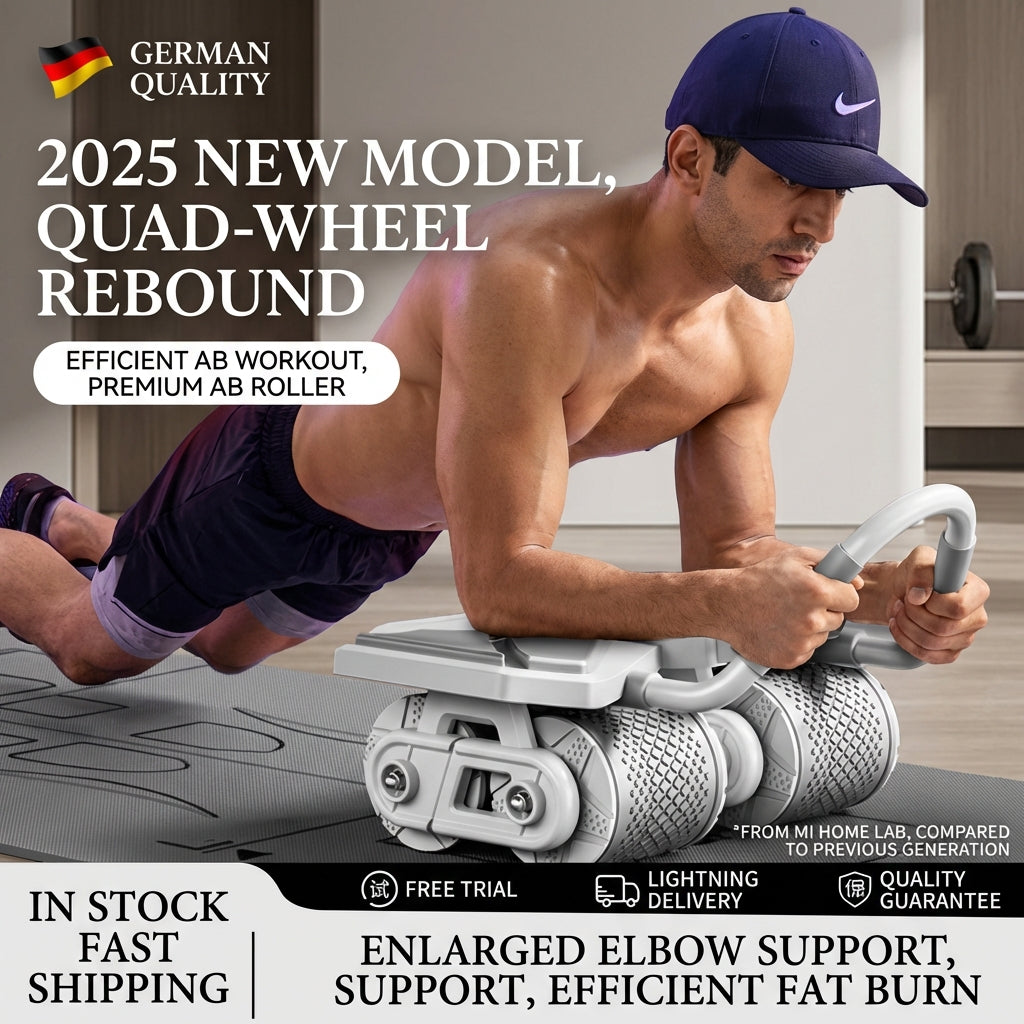voervo™ 2025 Smart Auto-Rebound Ab Roller – Quad-Wheel Core Trainer with Elbow Support & App Control