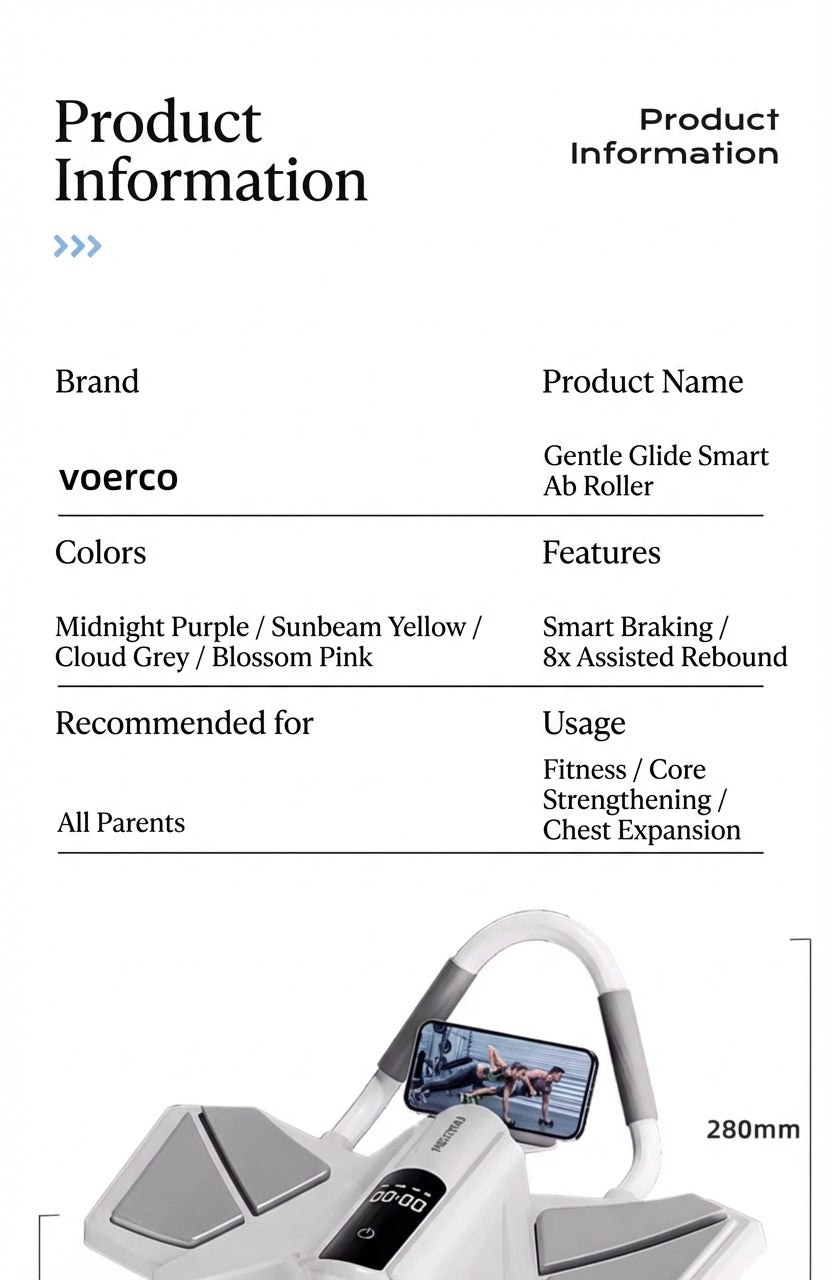 voervo™ 2025 Smart Auto-Rebound Ab Roller – Quad-Wheel Core Trainer with Elbow Support & App Control